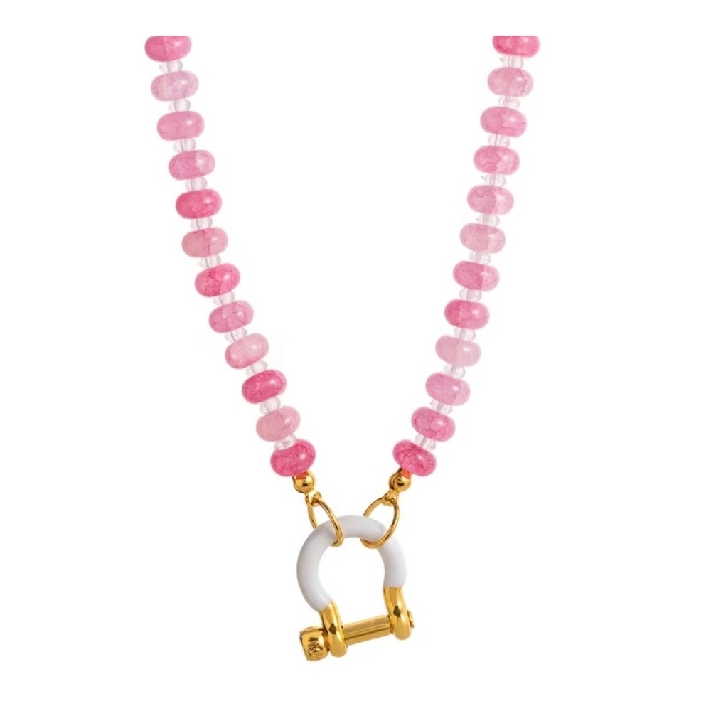 Pink Beaded Necklace White Horseshoe Shackle Clasp Gold Tone Stainless Steelโ